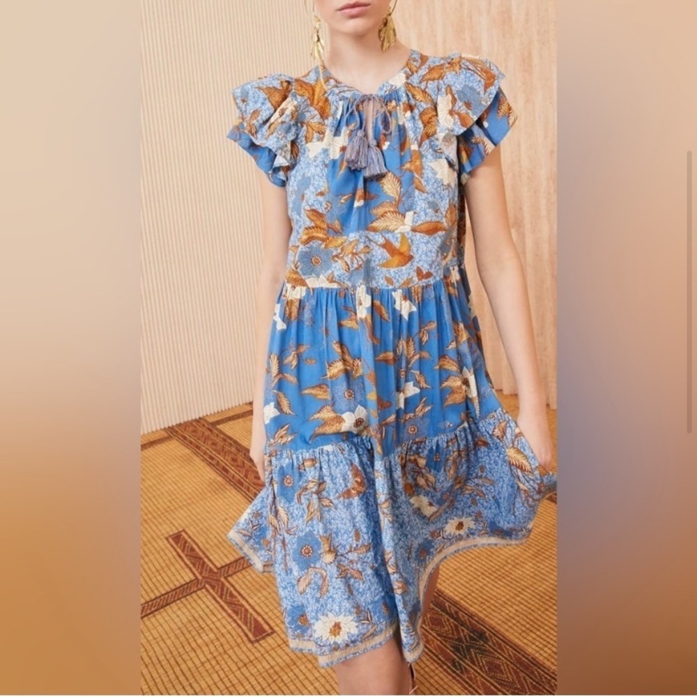 Ulla Johnson Gail Cotton Tiered Floral Dress Lapis size 4